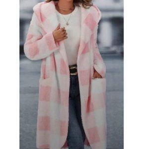 Teddy Coat Pink & Cream Large Gingham Oversized Fluffy Coat with Hood SZ 10 NWT